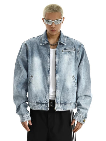 Gradient wash shoulder padded zipper denim jacket