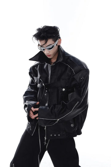 Bandage Zipper Leather Jacket