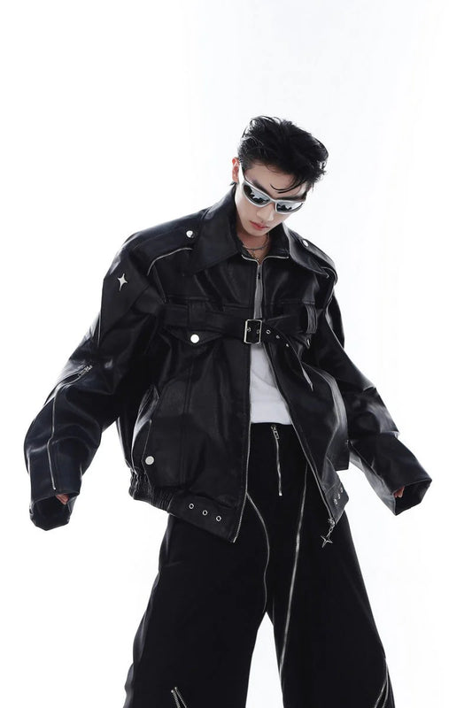 Bandage Zipper Leather Jacket